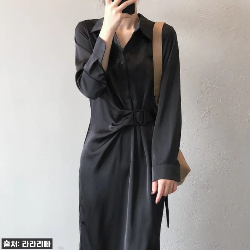 새틴 카라 원피스 언발란스 벨트 긴팔 관련 이미지 2