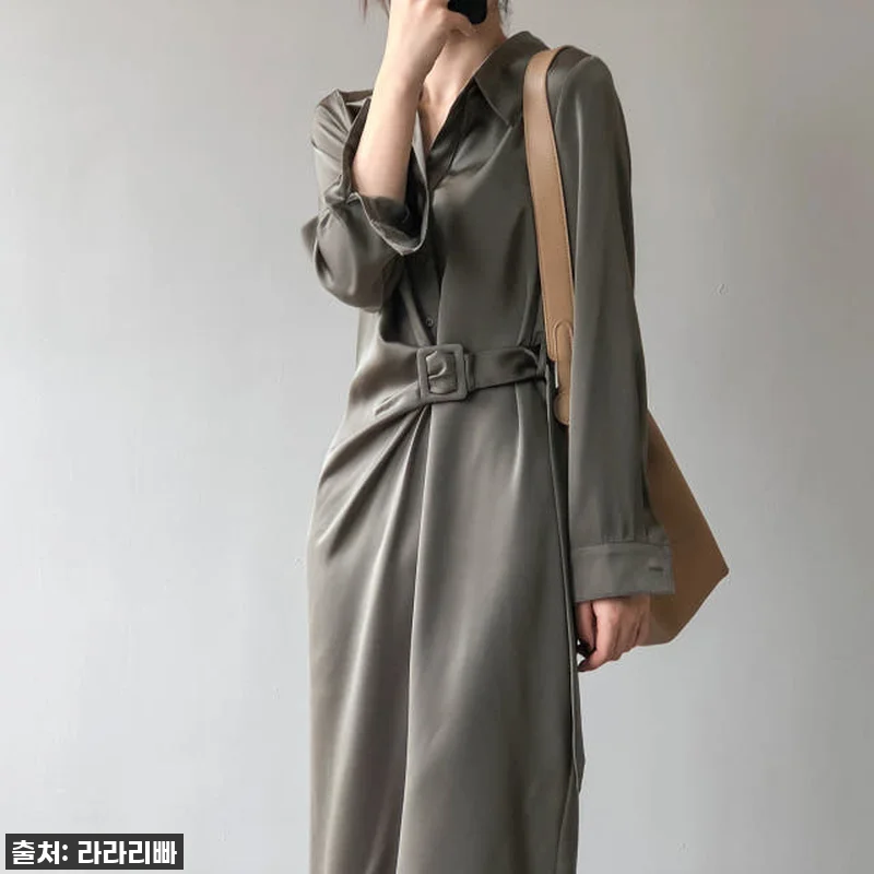 새틴 카라 원피스 언발란스 벨트 긴팔 관련 이미지 3