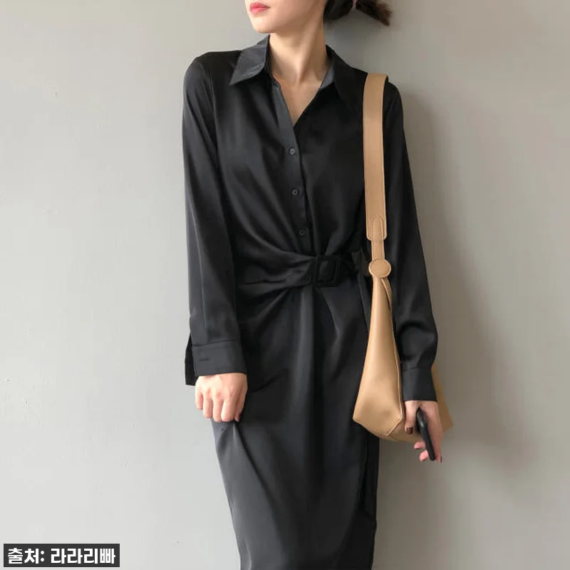 새틴 카라 원피스 언발란스 벨트 긴팔 관련 이미지 5