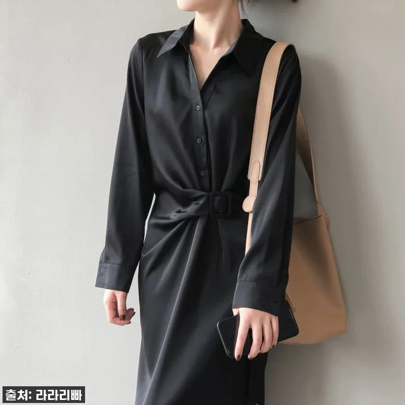 새틴 카라 원피스 언발란스 벨트 긴팔 관련 이미지 6