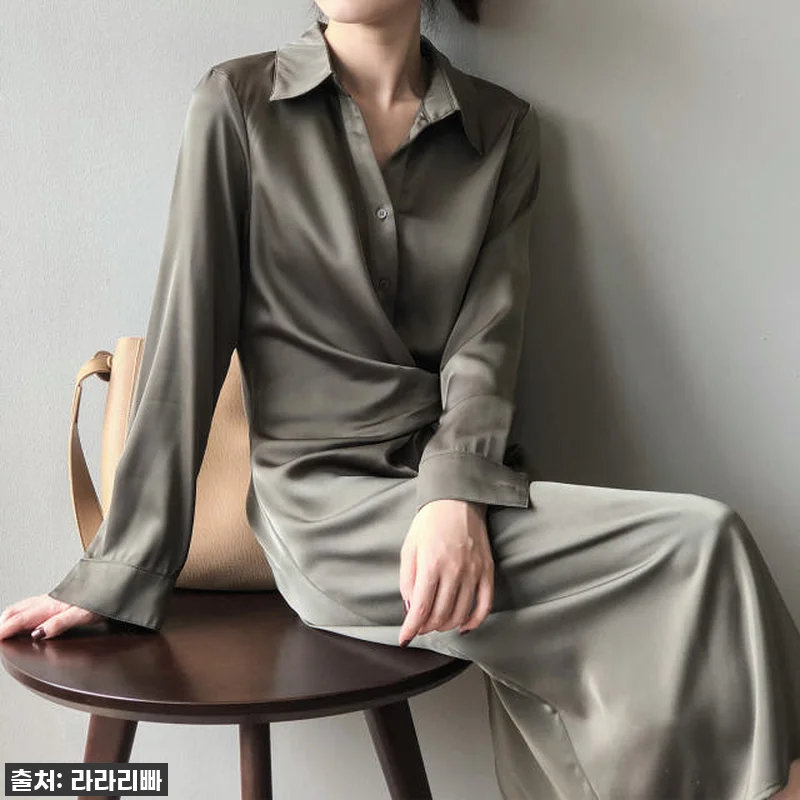 새틴 카라 원피스 언발란스 벨트 긴팔 관련 이미지 7