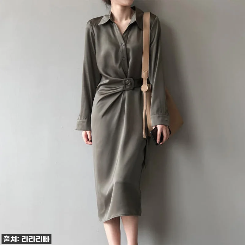 새틴 카라 원피스 언발란스 벨트 긴팔 관련 이미지 8