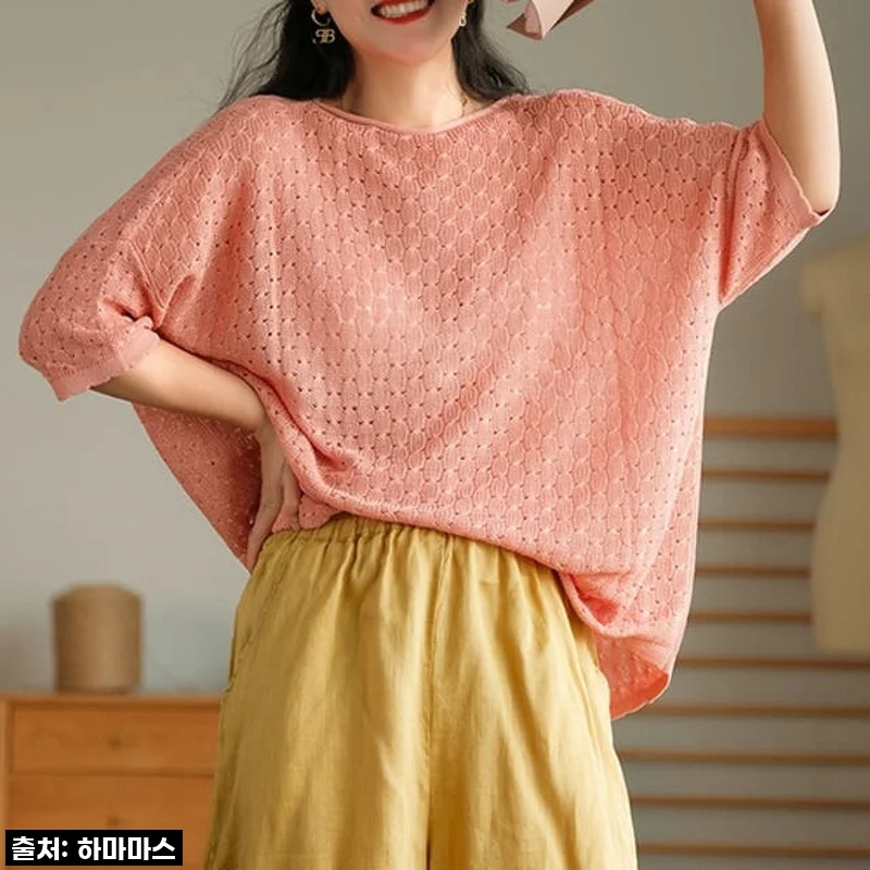 인생템 등극! 4050 여성 필수템, 여름 린넨 펀칭니트티 루즈핏 솔직 후기