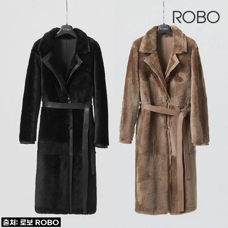 [로보] 더블 페이스 롱 벨티드 무스탕 코트 GSC22D060