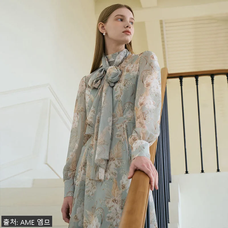 ANASTASIA Mock neck Chiffon Ribbon Tie Flared Dress_Mint Flower 사용후기 8 ANASTASIA Mock neck 관련 이미지 1